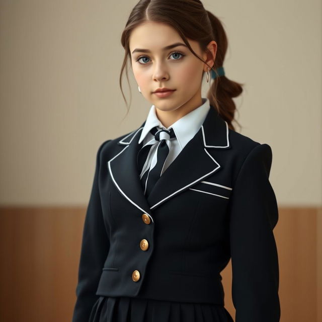 An ultra-realistic portrait of a European schoolgirl in a perfectly fitted school uniform