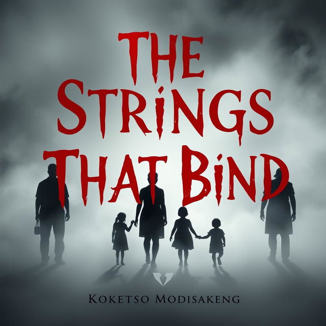 A powerful and evocative image titled 'The Strings That Bind', featuring silhouetted figures of broken families set against a misty background