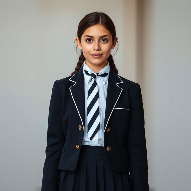 An ultra-realistic portrait of a European schoolgirl wearing a meticulously tailored school uniform