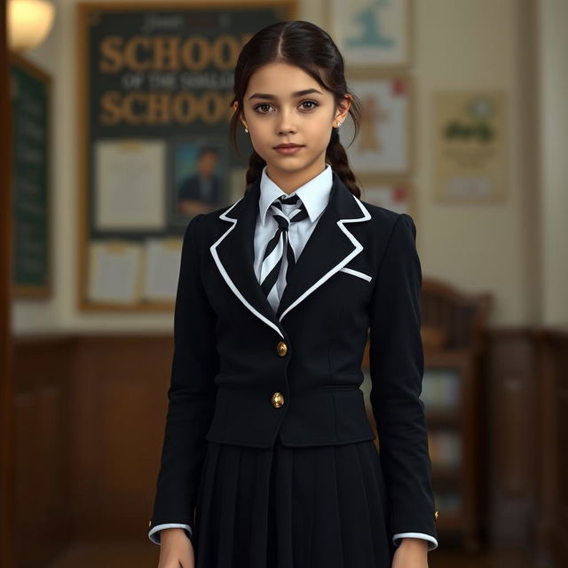 An ultra-realistic portrait of a European schoolgirl dressed in a very tight and impeccably fitting school uniform