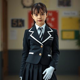 An ultra-realistic portrait of a European schoolgirl dressed in a very tight and impeccably fitting school uniform