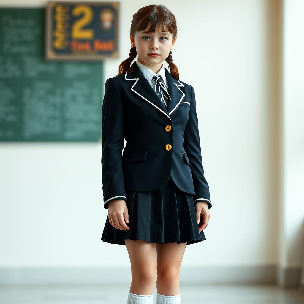 An ultra-realistic portrait of a European schoolgirl dressed in a very tight and impeccably fitting school uniform