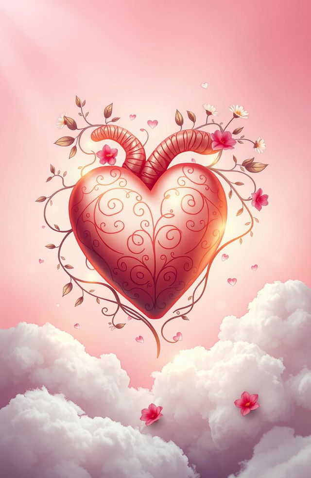 A beautifully artistic representation of the concept of love and emotions, featuring a heart surrounded by elements symbolizing passion and connection, such as intertwined vines, soft glowing lights, and delicate flowers