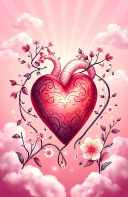 A beautifully artistic representation of the concept of love and emotions, featuring a heart surrounded by elements symbolizing passion and connection, such as intertwined vines, soft glowing lights, and delicate flowers