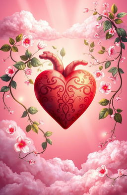 A beautifully artistic representation of the concept of love and emotions, featuring a heart surrounded by elements symbolizing passion and connection, such as intertwined vines, soft glowing lights, and delicate flowers