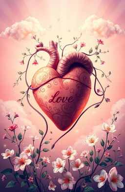 A beautifully artistic representation of the concept of love and emotions, featuring a heart surrounded by elements symbolizing passion and connection, such as intertwined vines, soft glowing lights, and delicate flowers
