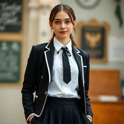An ultra-realistic portrait of a European schoolgirl clad in a perfectly fitted school uniform