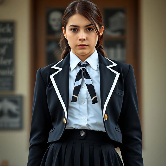 An ultra-realistic portrait of a European schoolgirl clad in a perfectly fitted school uniform