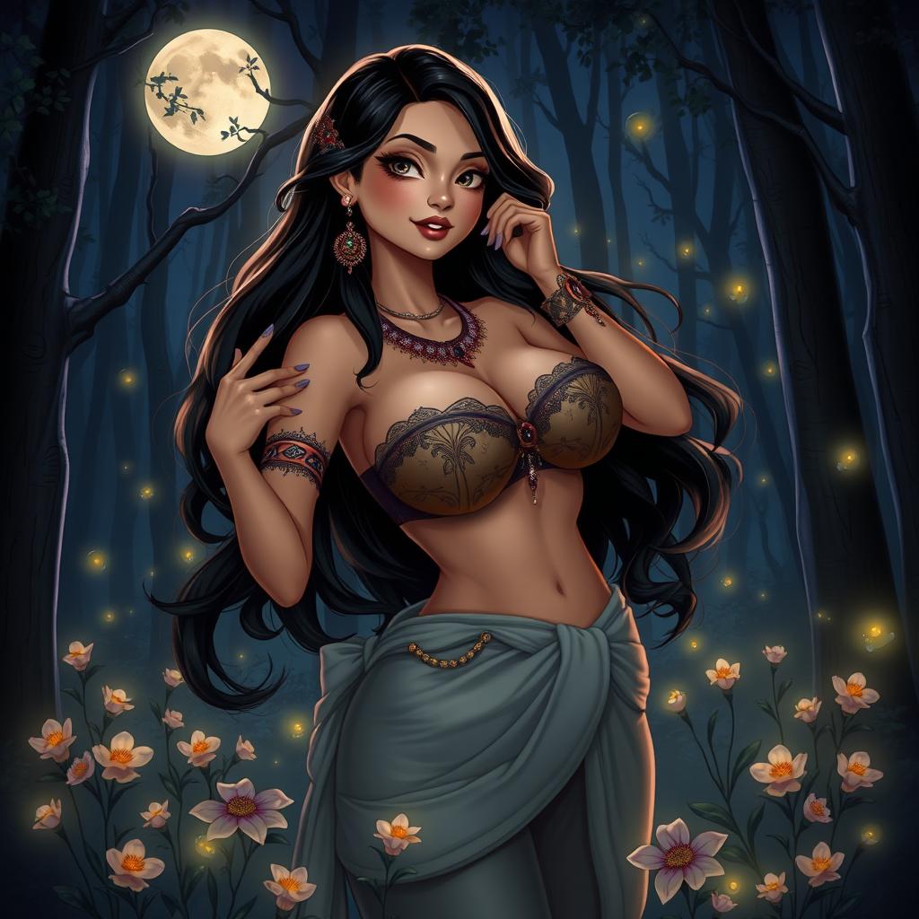 A mesmerizing depiction of Wewe Gombel, the enchanting figure from Indonesian folklore, illustrated as a beautiful woman with large breasts, dressed in an alluring attire that accentuates her figure