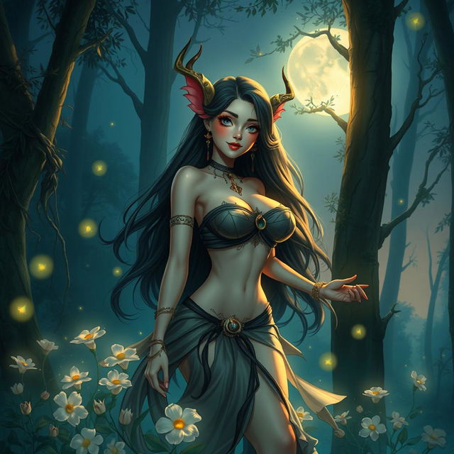 A mesmerizing depiction of Wewe Gombel, the enchanting figure from Indonesian folklore, illustrated as a beautiful woman with large breasts, dressed in an alluring attire that accentuates her figure