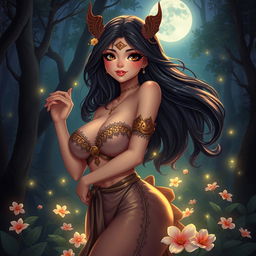A mesmerizing depiction of Wewe Gombel, the enchanting figure from Indonesian folklore, illustrated as a beautiful woman with large breasts, dressed in an alluring attire that accentuates her figure