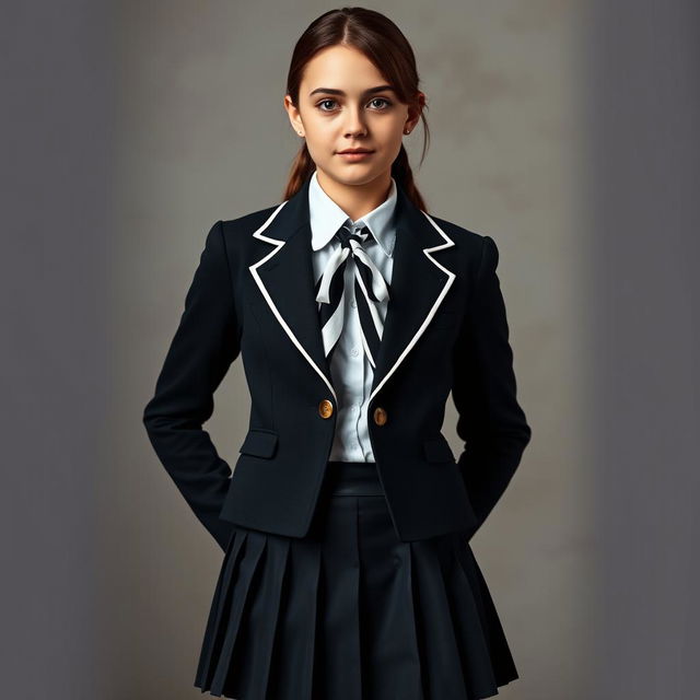 An ultra-realistic portrait of a European schoolgirl in a perfectly fitted school uniform