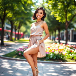 A beautiful Asian American woman, of short stature, showcasing her stunning legs
