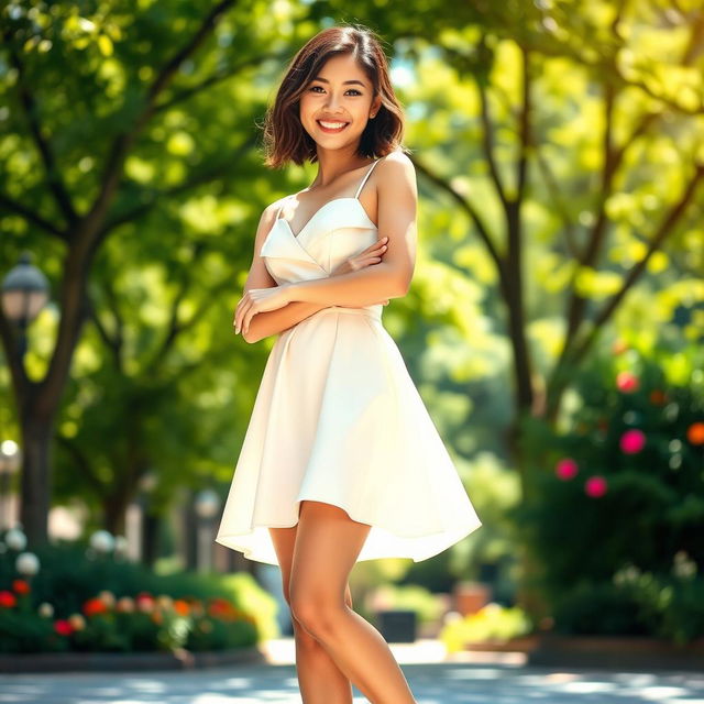 A beautiful Asian American woman, of short stature, showcasing her stunning legs