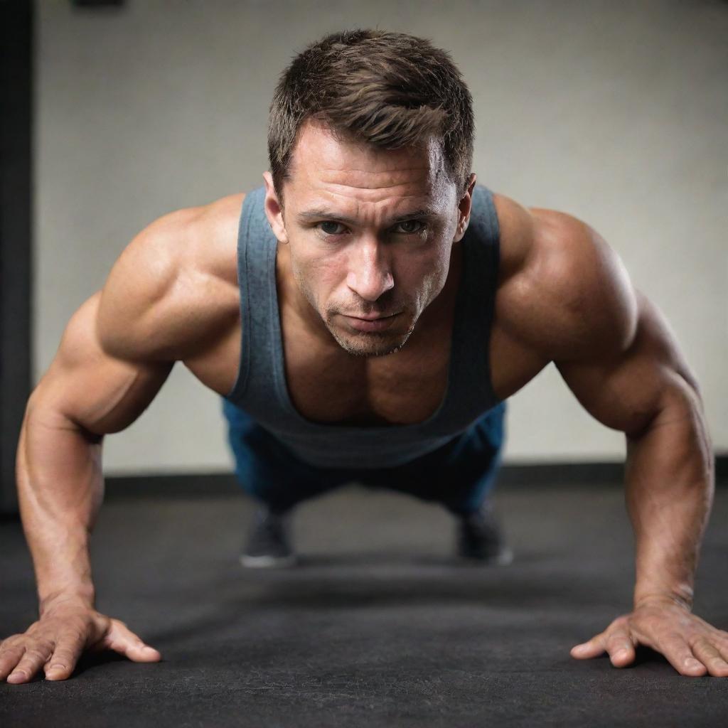 A fit man mid-pushup, strength and determination visible on his face