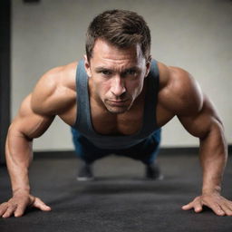 A fit man mid-pushup, strength and determination visible on his face