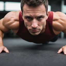 A fit man mid-pushup, strength and determination visible on his face