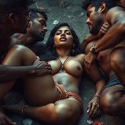 A sensual portrayal of an Indian woman reminiscent of Nushrat Bharucha, set in a gritty urban slum environment
