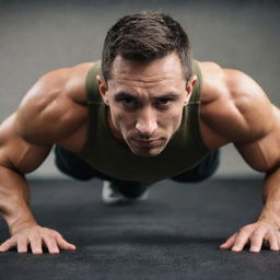 A fit man mid-pushup, strength and determination visible on his face