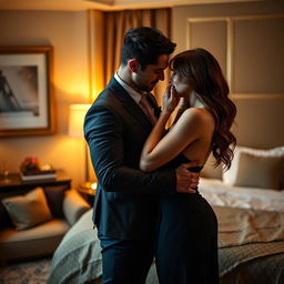 A passionate and heated scene depicting an attractive couple engaged in a secret romantic encounter