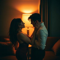 A passionate and heated scene depicting an attractive couple engaged in a secret romantic encounter