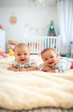 Twin babies lying on a soft pastel-colored blanket in a serene nursery