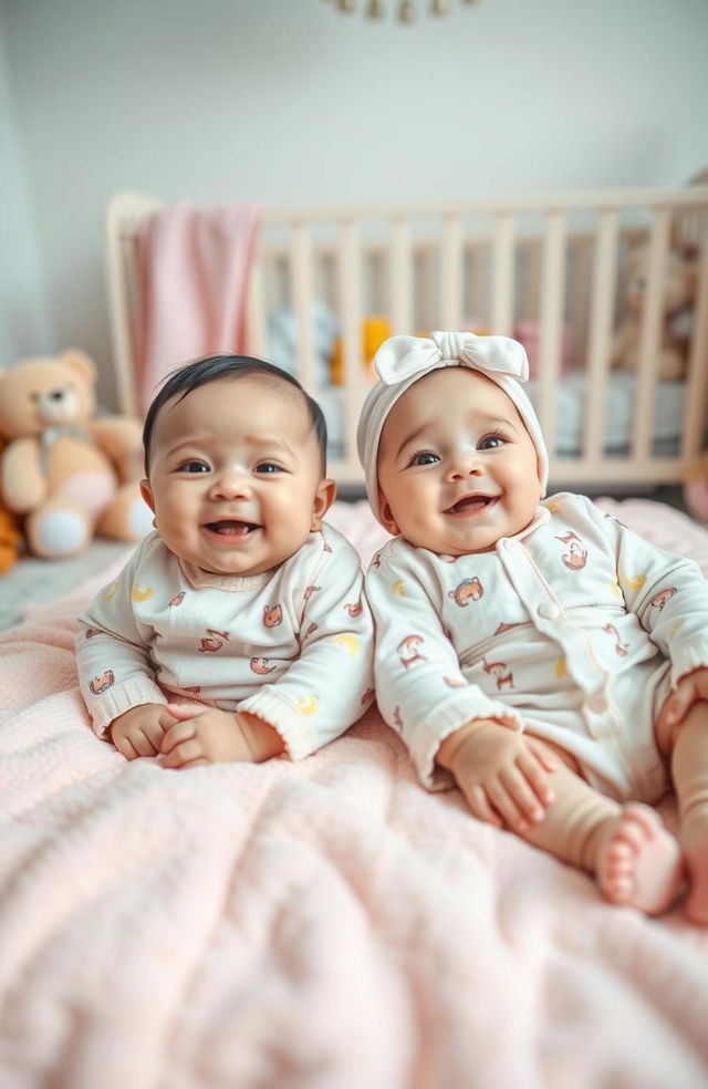 Twin babies lying on a soft pastel-colored blanket in a serene nursery