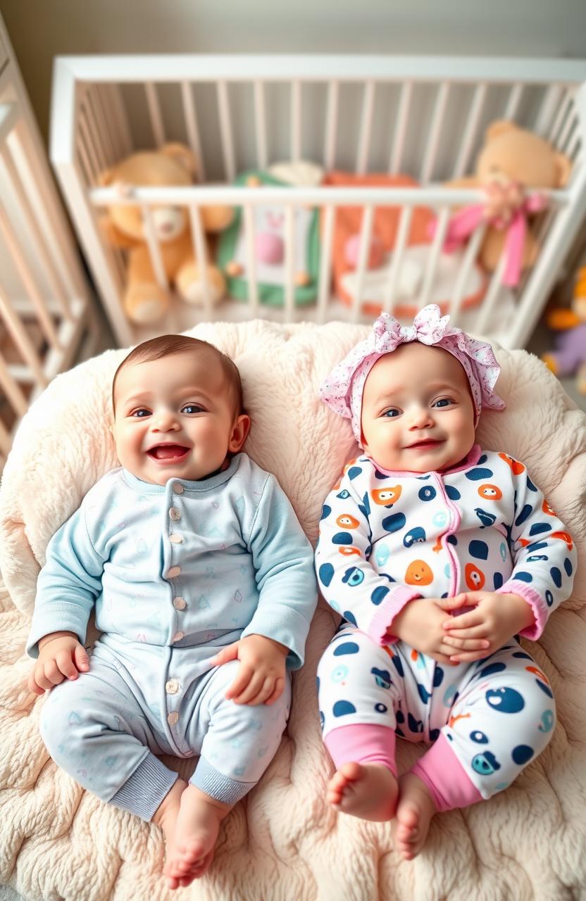 Twin babies lying on a soft pastel-colored blanket in a serene nursery