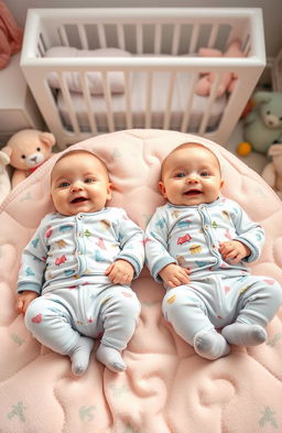 Twin babies lying on a soft pastel-colored blanket in a serene nursery