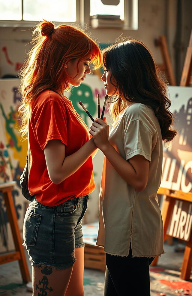 A captivating scene of two girls in an artistic environment symbolizing the enemies-to-lovers theme