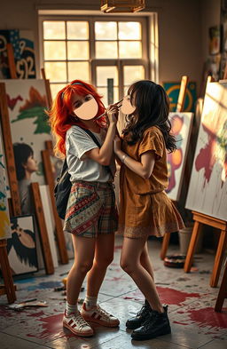 A captivating scene of two girls in an artistic environment symbolizing the enemies-to-lovers theme