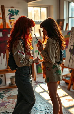 A captivating scene of two girls in an artistic environment symbolizing the enemies-to-lovers theme