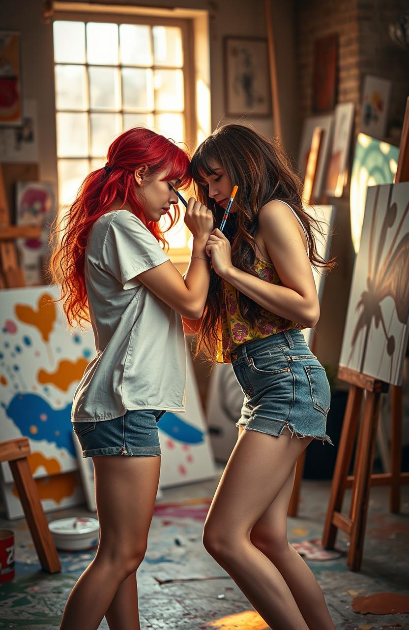 A captivating scene of two girls in an artistic environment symbolizing the enemies-to-lovers theme