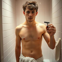 A shy young man in a softly lit bathroom, nervously preparing to shave his pubic hair