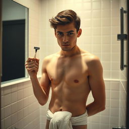 A shy young man in a softly lit bathroom, nervously preparing to shave his pubic hair