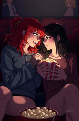 A passionate enemies-to-lovers scene set in a dimly lit cinema, featuring a red-haired girl and a dark-haired girl as university film students