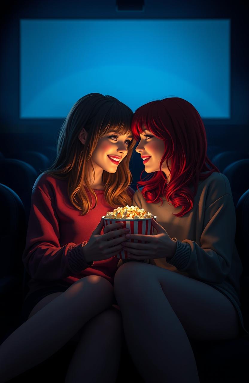 A passionate enemies-to-lovers scene set in a dimly lit cinema, featuring a red-haired girl and a dark-haired girl as university film students