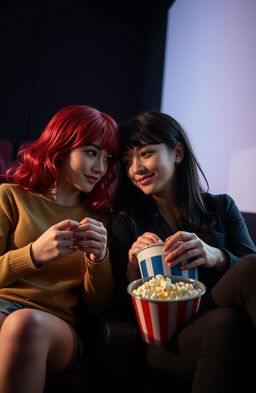 A passionate enemies-to-lovers scene set in a dimly lit cinema, featuring a red-haired girl and a dark-haired girl as university film students