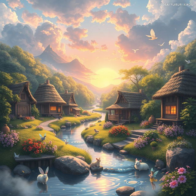 A serene fantasy landscape inspired by the theme of 'Isekai Yururi Kikou', depicting a tranquil village in a magical setting