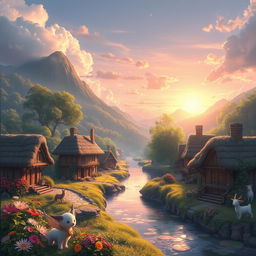 A serene fantasy landscape inspired by the theme of 'Isekai Yururi Kikou', depicting a tranquil village in a magical setting