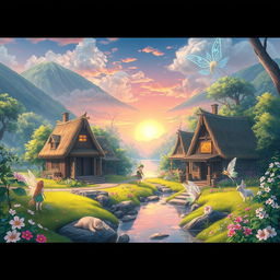 A serene fantasy landscape inspired by the theme of 'Isekai Yururi Kikou', depicting a tranquil village in a magical setting
