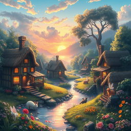 A serene fantasy landscape inspired by the theme of 'Isekai Yururi Kikou', depicting a tranquil village in a magical setting