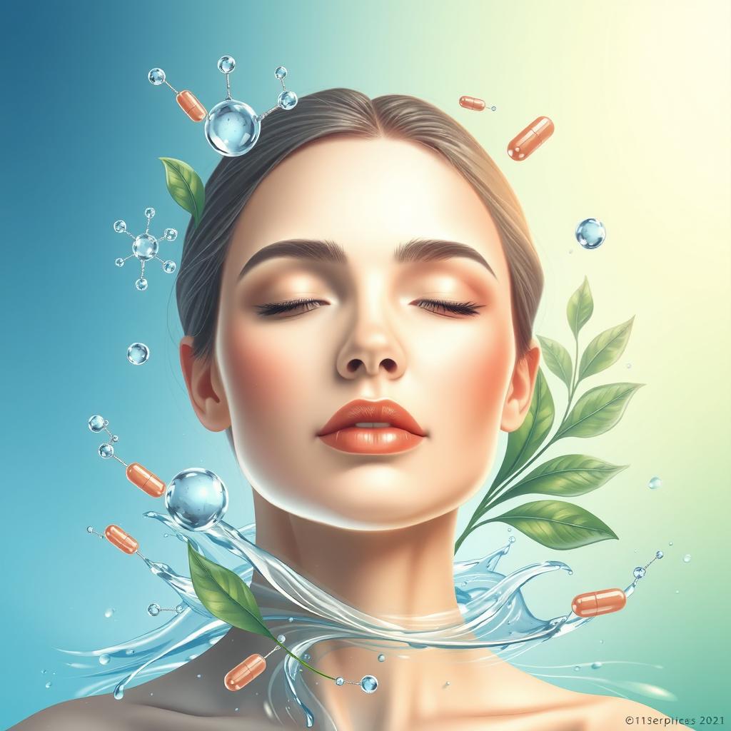 A detailed artistic representation symbolizing isotretinoin, featuring a vibrant depiction of clear skin with a glowing complexion, surrounded by natural elements representing healing and renewal