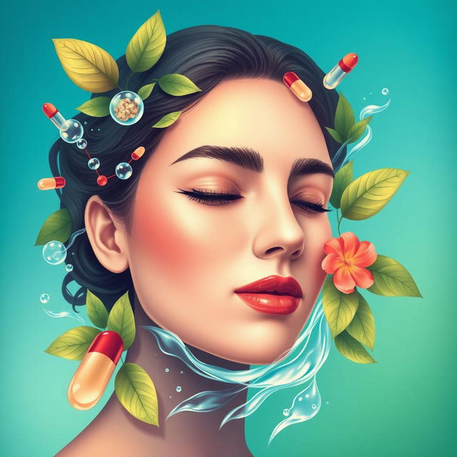 A detailed artistic representation symbolizing isotretinoin, featuring a vibrant depiction of clear skin with a glowing complexion, surrounded by natural elements representing healing and renewal