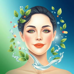 A detailed artistic representation symbolizing isotretinoin, featuring a vibrant depiction of clear skin with a glowing complexion, surrounded by natural elements representing healing and renewal