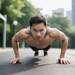 A slim Asian man energetically doing push-ups with focus and determination