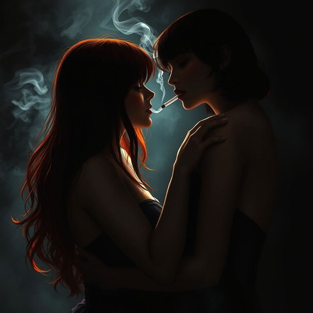 A romantic scene illustrating a sapphic moment between two girls, a brunette and a redhead, who have a history of animosity towards each other