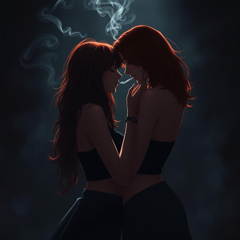 A romantic scene illustrating a sapphic moment between two girls, a brunette and a redhead, who have a history of animosity towards each other