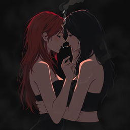 A romantic scene illustrating a sapphic moment between two girls, a brunette and a redhead, who have a history of animosity towards each other