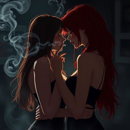 A romantic scene illustrating a sapphic moment between two girls, a brunette and a redhead, who have a history of animosity towards each other